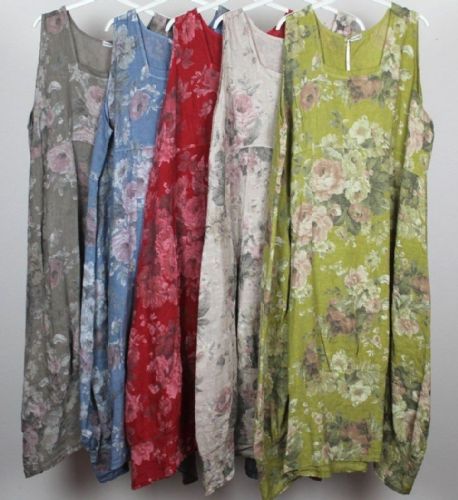 Ladies Floral Italian Lagenlook Long Boho Pocket Linen Tunic Dress